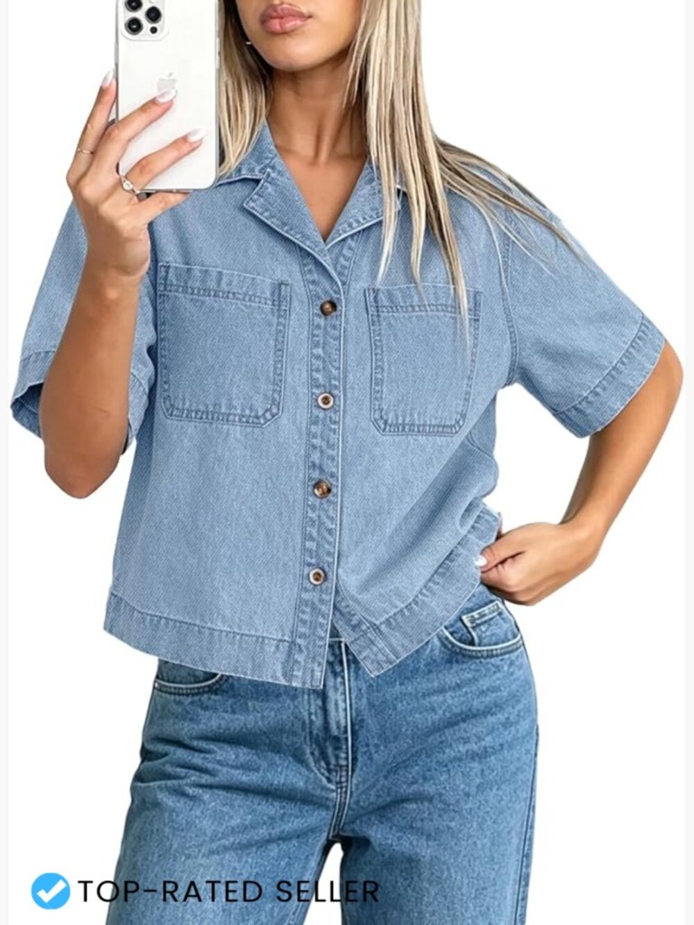 Cropped Denim Top Short Sleeve V-Neck Button Down Casual Chic Women Shirt